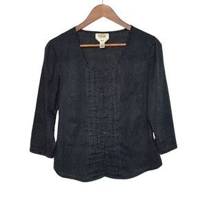 Black & White Polka Dot Print Pleated Front Button Down 3/4 Sleeve Top